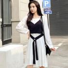 Set: Long-sleeve Shift Dress + Cropped Tie-waist Camisole Top