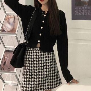 Faux Pearl Accent Cardigan / Houndstooth A-line Skirt