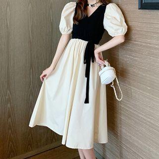 Puff Sleeve Color Block Maxi Dress