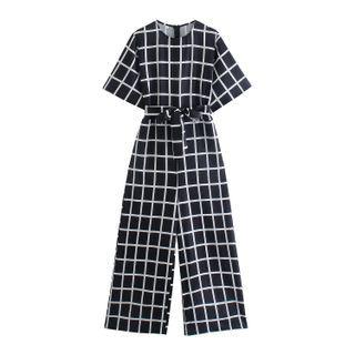 Short-sleeve Tie-waist Check Jumpsuit
