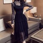 Set: Long-sleeve Mock-neck Glitter Top + Midi Tiered Pinafore Dress
