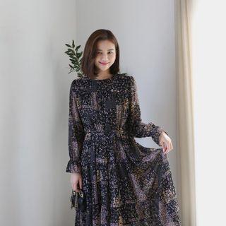 Shirred Floral Long Dress With Sash