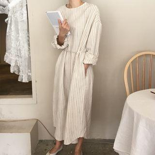 Striped Long-sleeve Midi Dress White - One Size