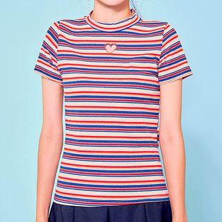 Mock-neck Multi-stripe T-shirt