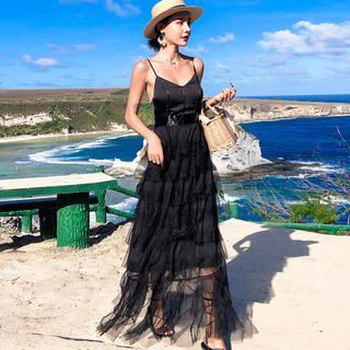 Spaghetti Strap Overlay A-line Maxi Dress
