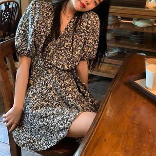 Short-sleeve Floral Mini Wrap Dress Floral - Black - One Size