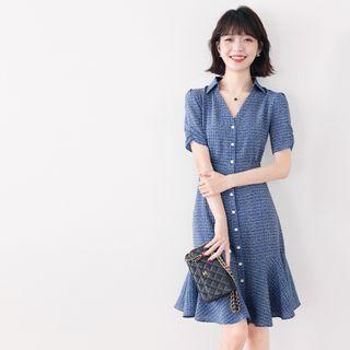 Short-sleeve Plaid Button-up Midi Dress