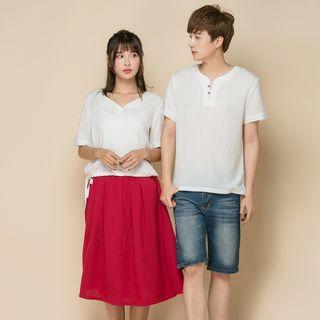 Couple Matching Plain Short Sleeve T-shirt / Flared Skirt