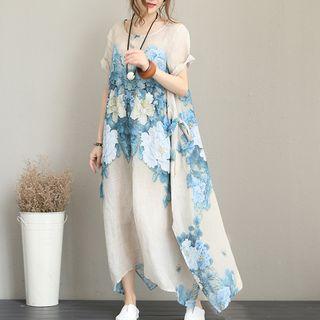 Flower Print Side-slit Short-sleeve Midi Shift Dress As Shown In Figure - One Size