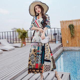 Printed V-neck Short-sleeve A-line Maxi Dress