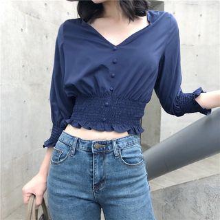 3/4-sleeve Button-detail Crop Top