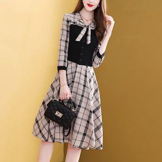 3/4-sleeve Plaid Paneled Ribbon A-line Dress