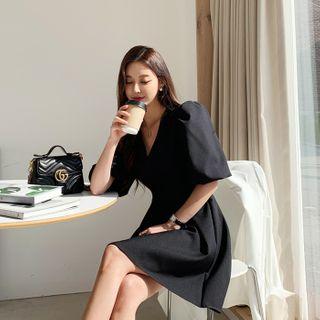 Plunge-neck Puff-sleeve Flare Dress