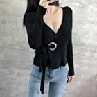 Long-sleeve Plunge-neck Tie-waist Knit Top Black - One Size
