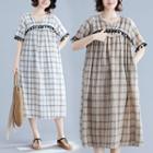 Tassel Plaid Short-sleeve Midi Dress