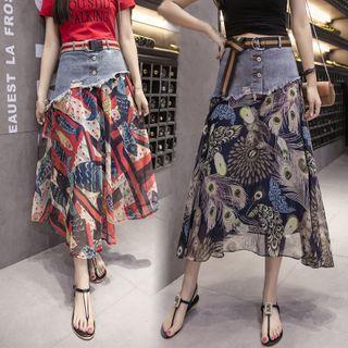 Denim Panel Printed Mesh Midi A-line Skirt