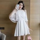 Elbow-sleeve Cold Shoulder Lace Paneled A-line Mini Dress