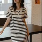 Short Sleeve Stripe Polo Dress Black - One Size