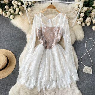 Square-neck Lace Mesh Long-sleeve Dress