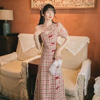 Puff-sleeve Floral Plaid Frog-buttoned Midi A-line Dress