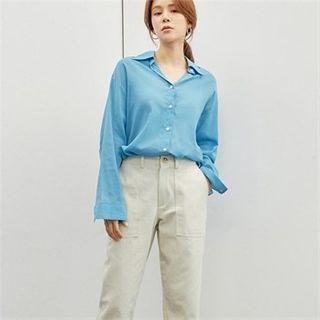 Drop-shoulder Sheer Shirt Blue - One Size