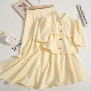 Set: Short-sleeve Plain Shirt + Midi A-line Skirt