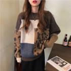 Long-sleeve Color Block Knit Top Sweater - One Size