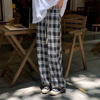 High-waist Plaid Wide-leg Pants Black & White - One Size