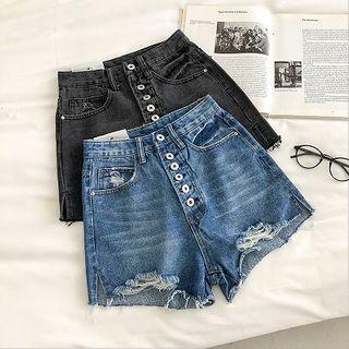 Distressed Frayed Single-breasted High-waist Denim Shorts