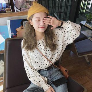 Dot Long-sleeve Loose-fit Blouse Almond - One Size