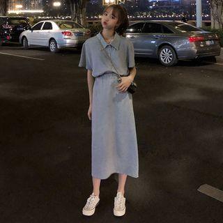 Set: Plain Short-sleeve Shirt + Midi Skirt