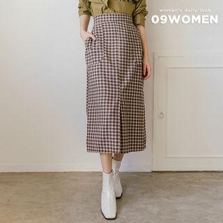 Slit-front Long Plaid Skirt