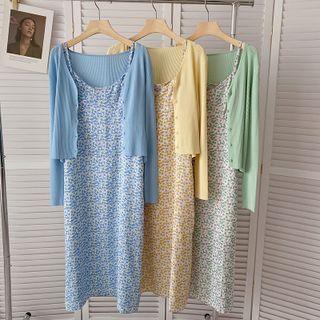 Spaghetti Strap Floral Midi Dress / Ribbed Cardigan / Set