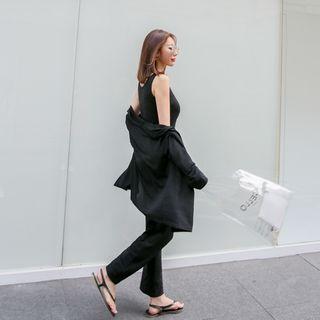 Set: Open-front Cardigan + Tank Top + Tie-waist Pants
