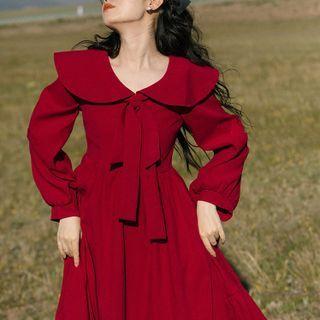 Long-sleeve Wide Collar A-line Midi Dress