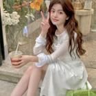 Long-sleeve Henley Knit Top / Spaghetti Strap Frill Trim Midi A-line Dress