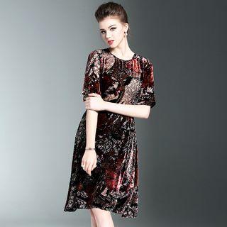 Print Short Sleeve A-line Velvet Dress
