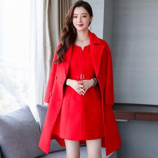 Set: Double-breasted Coat + Long-sleeve Paneled A-line Dress