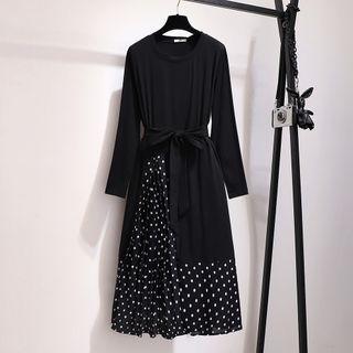 Long Sleeve Dotted Panel Mock Two Piece Dress