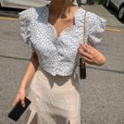 Scallop-neck Puff-sleeve Floral Crop Blouse