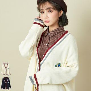 Striped V-neck Embroidered Cardigan