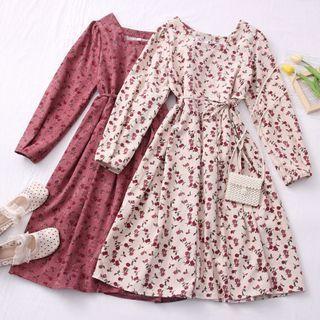 Corduroy Floral Midi Dress With Sash