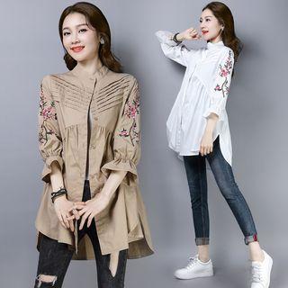 3/4-sleeve Frill Trim Embroidered Floral Shirt