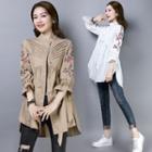 3/4-sleeve Frill Trim Embroidered Floral Shirt
