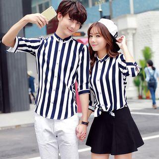 Couple Matching Pinstripe Elbow-sleeve Shirt