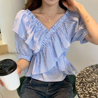 Striped Ruffled Crisscross Puff-sleeve Blouse Stripe - One Size