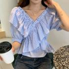 Striped Ruffled Crisscross Puff-sleeve Blouse Stripe - One Size