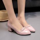Chunky Heel Pointy Toe Beaded Shoes