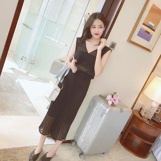 Set: Cap-sleeve Knit Top + Knit Midi Skirt