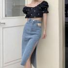 Puff-sleeve Floral Crop Top / Slit-hem Frayed Midi Denim Skirt
